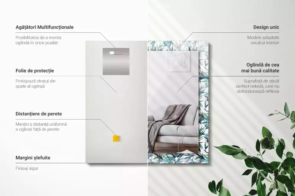 Négyszögletes dísztükör Bambusz levelek akvarell