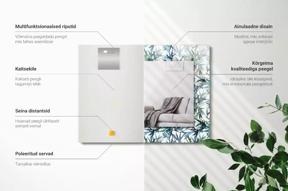 Négyszögletes dísztükör Bambusz levelek akvarell