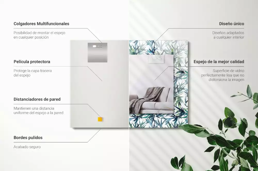 Négyszögletes dísztükör Bambusz levelek akvarell