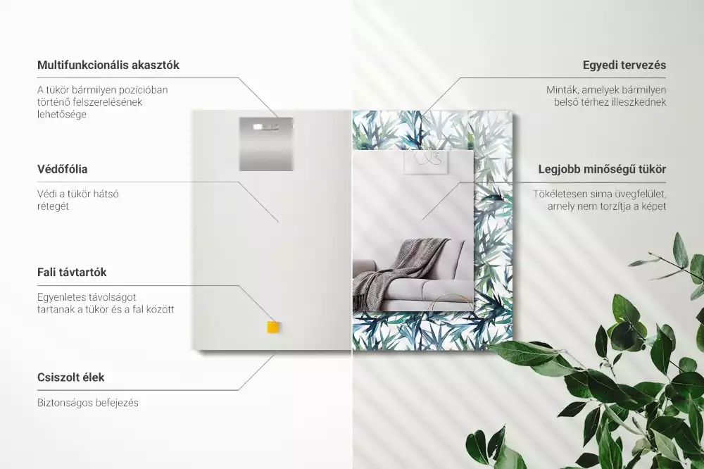 Négyszögletes dísztükör Bambusz levelek akvarell