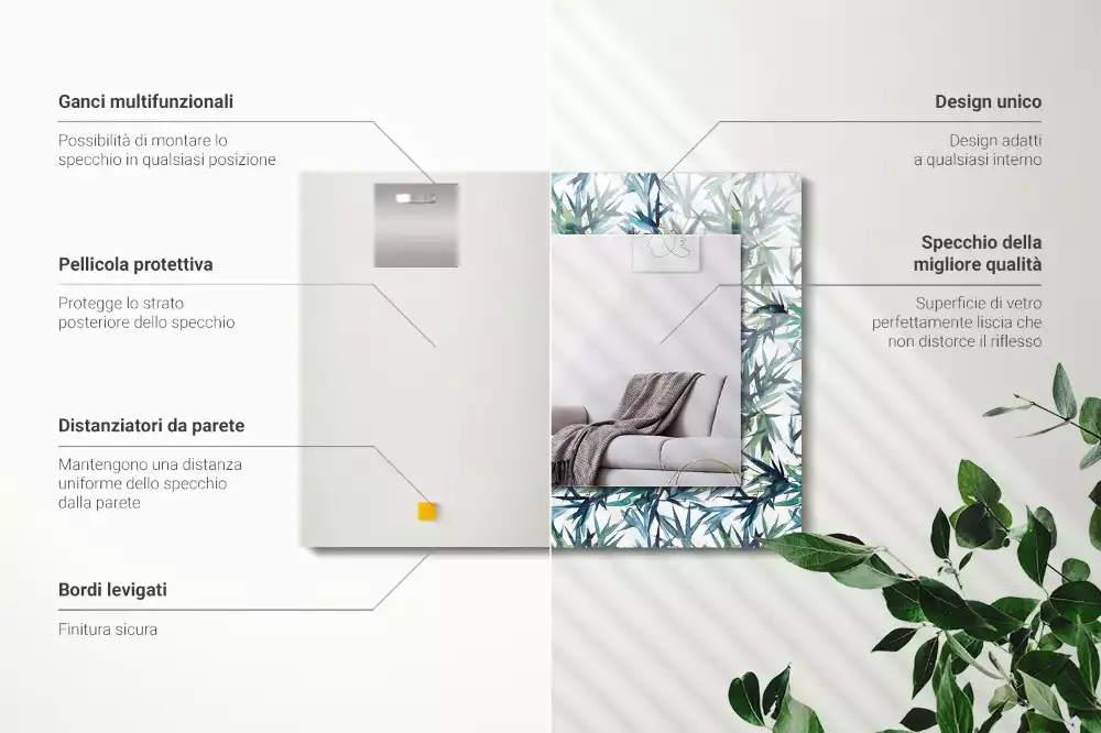 Négyszögletes dísztükör Bambusz levelek akvarell