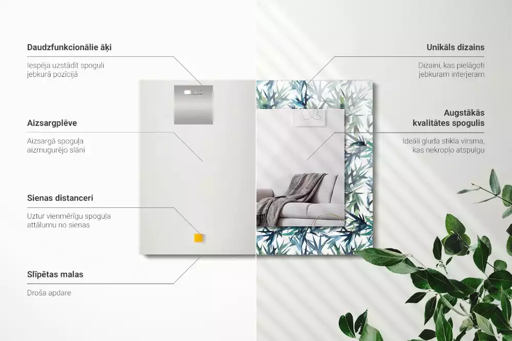 Négyszögletes dísztükör Bambusz levelek akvarell