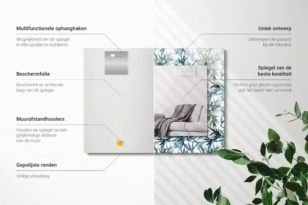 Négyszögletes dísztükör Bambusz levelek akvarell