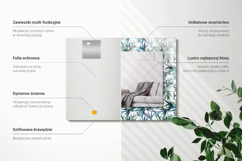 Négyszögletes dísztükör Bambusz levelek akvarell