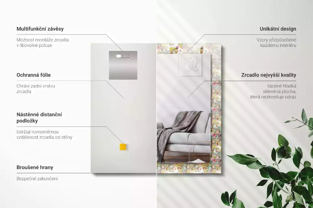 Négyszögletes dísztükör Színes pillangók virágok