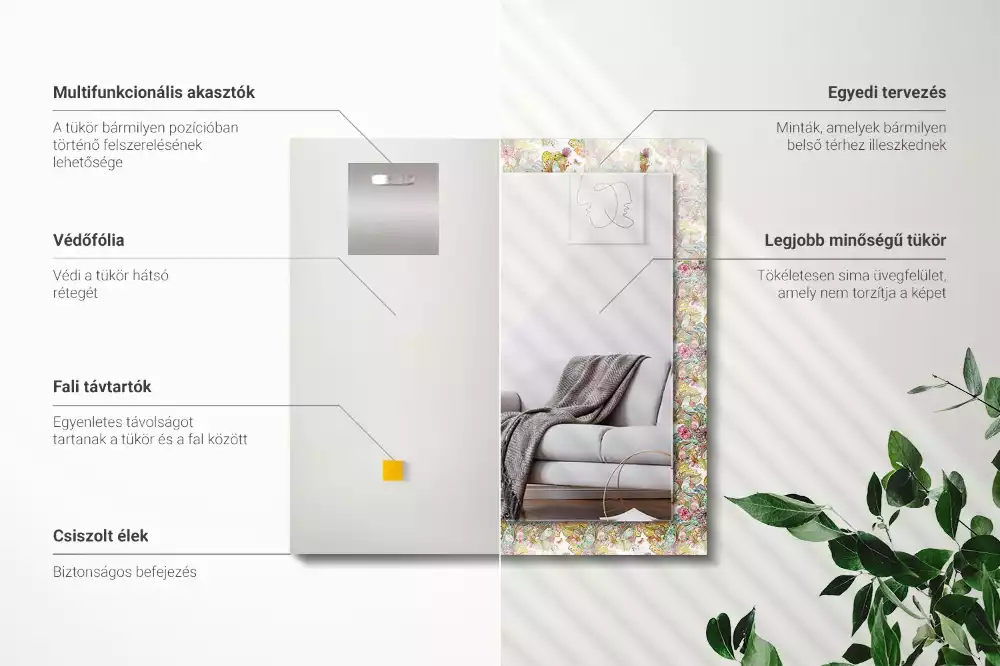 Négyszögletes dísztükör Színes pillangók virágok