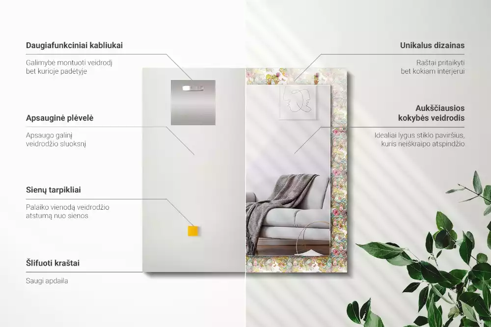 Négyszögletes dísztükör Színes pillangók virágok