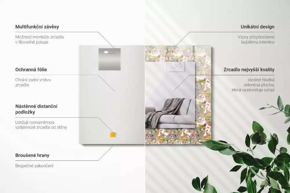 Négyszögletes dísztükör Színes pillangók virágok