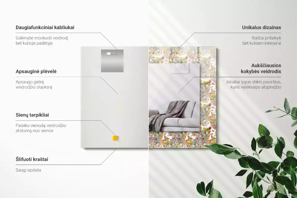 Négyszögletes dísztükör Színes pillangók virágok