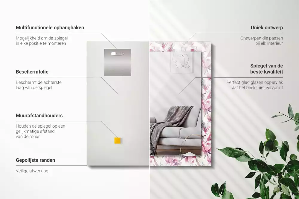 Négyszögletes dísztükör Lila virágminták