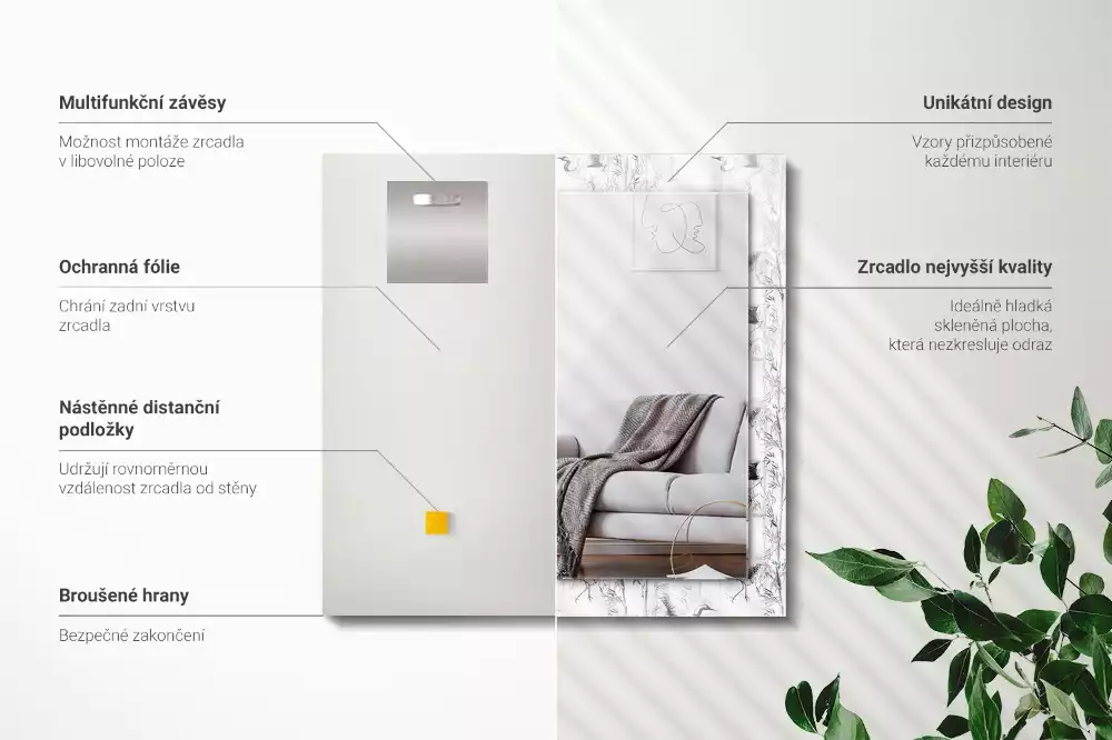 Négyszögletes dísztükör Daruk és bambuszok