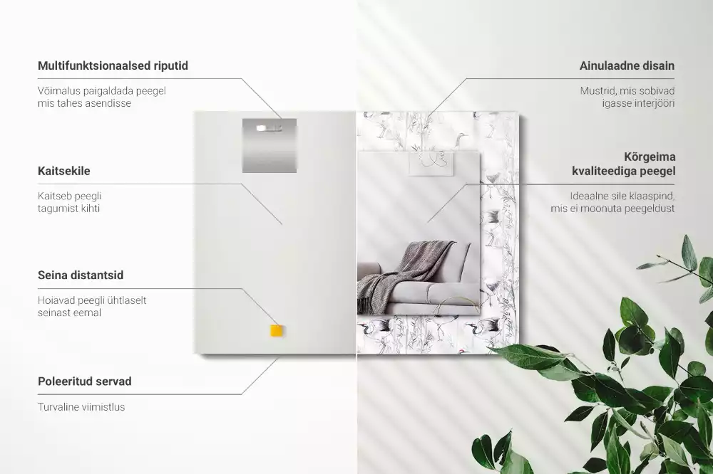 Négyszögletes dísztükör Daruk és bambuszok