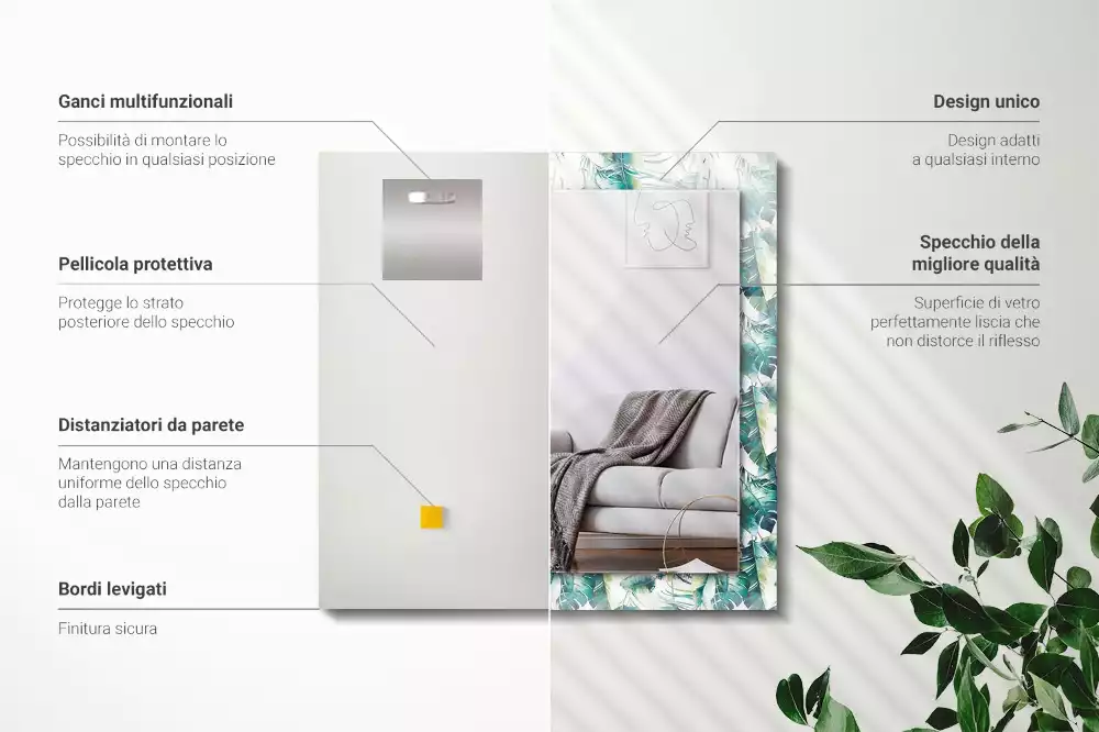 Négyszögletes dísztükör Zöld trópusi levelek