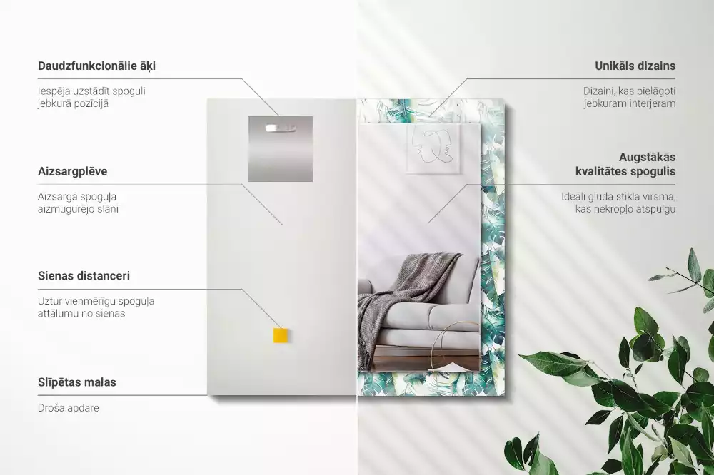 Négyszögletes dísztükör Zöld trópusi levelek