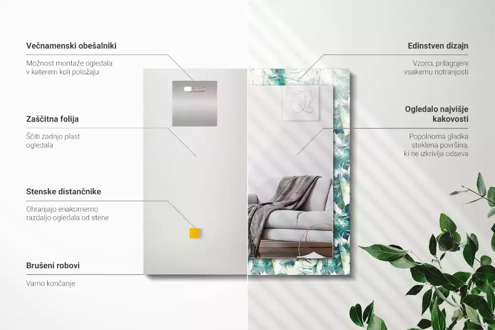 Négyszögletes dísztükör Zöld trópusi levelek