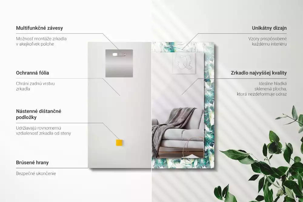 Négyszögletes dísztükör Zöld trópusi levelek