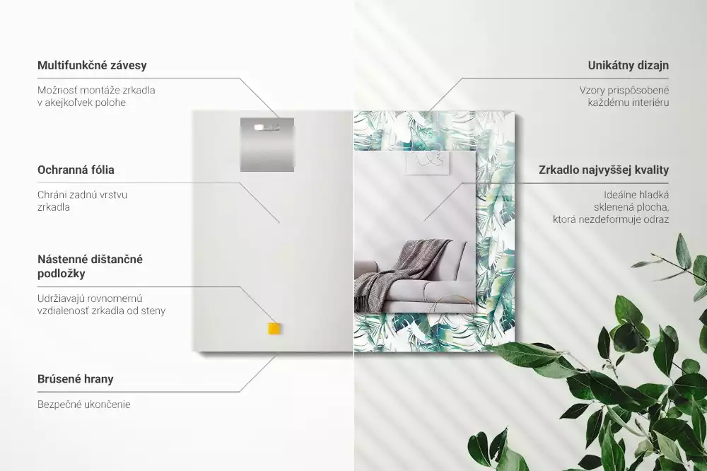 Négyszögletes dísztükör Zöld trópusi levelek