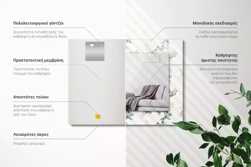 Négyszögletes dísztükör Madarak és virágok