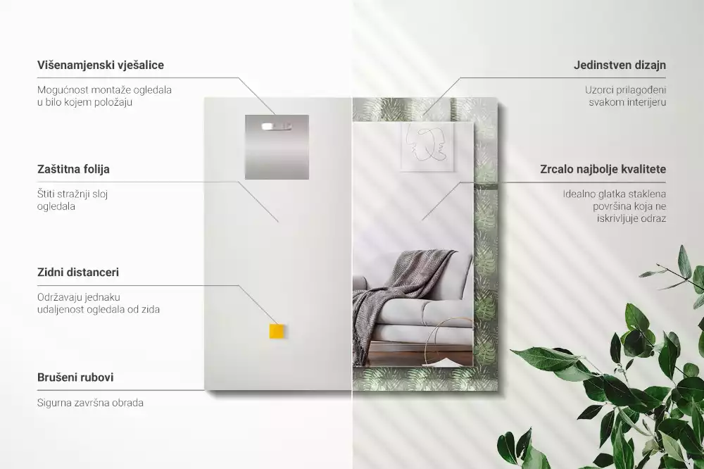 Négyszögletes dísztükör Trópusi növények levelei