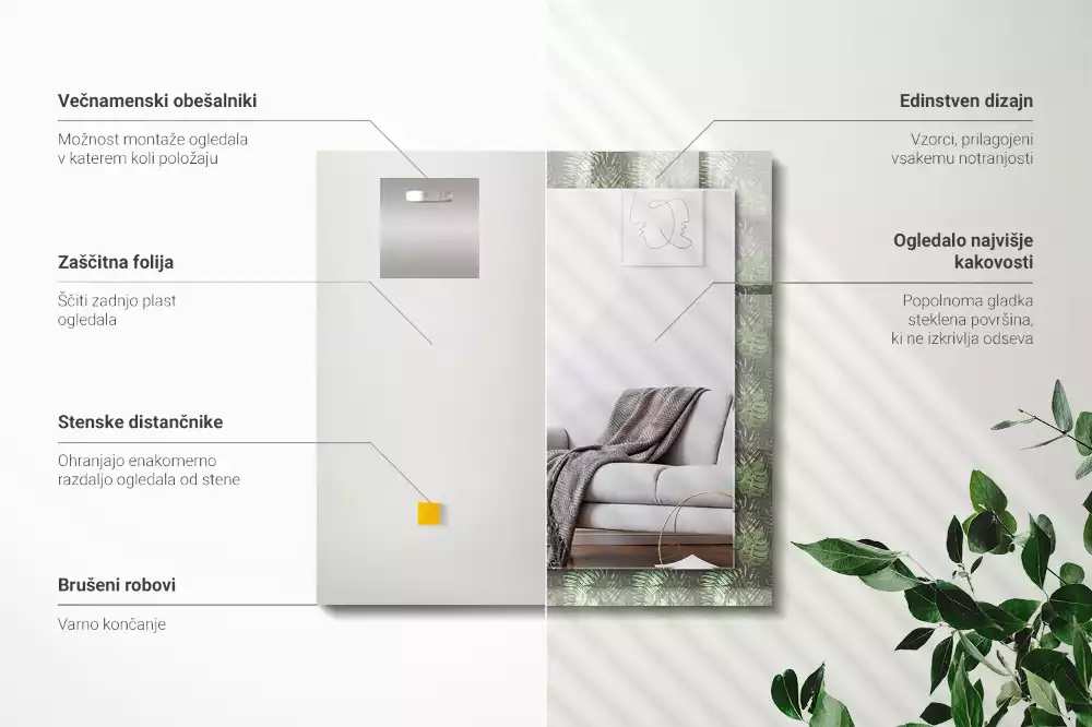 Négyszögletes dísztükör Trópusi növények levelei