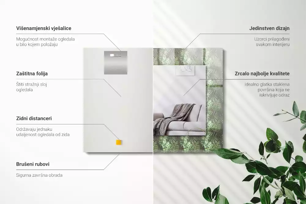 Négyszögletes dísztükör Trópusi növények levelei