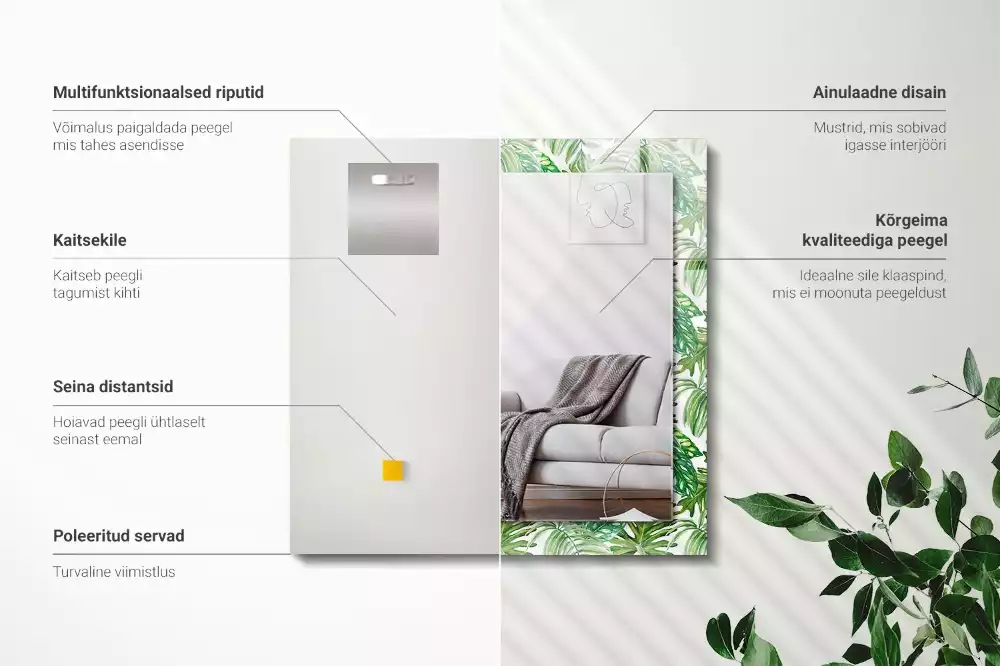 Négyszögletes dísztükör Zöld trópusi levelek