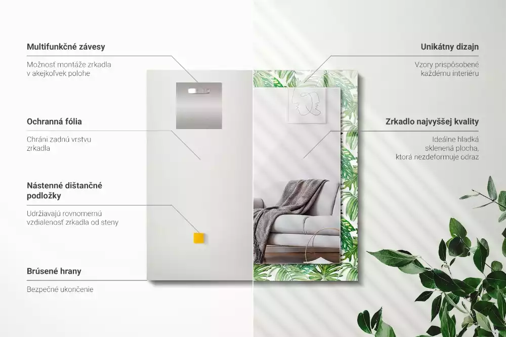 Négyszögletes dísztükör Zöld trópusi levelek