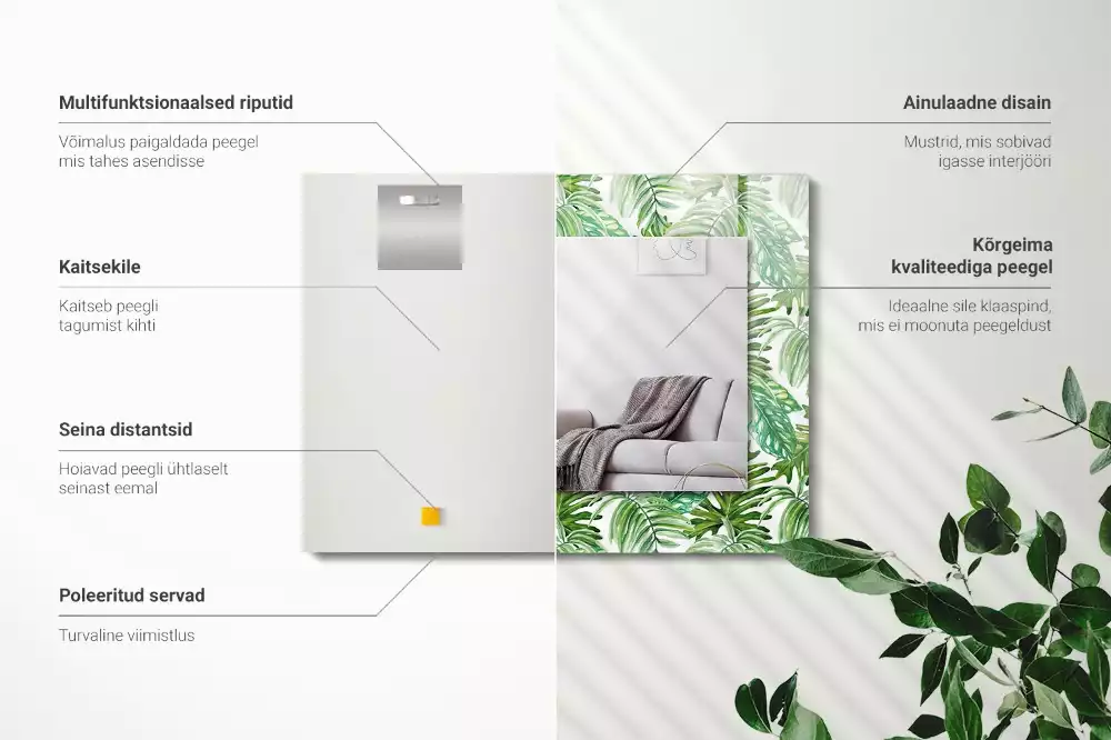 Négyszögletes dísztükör Zöld trópusi levelek