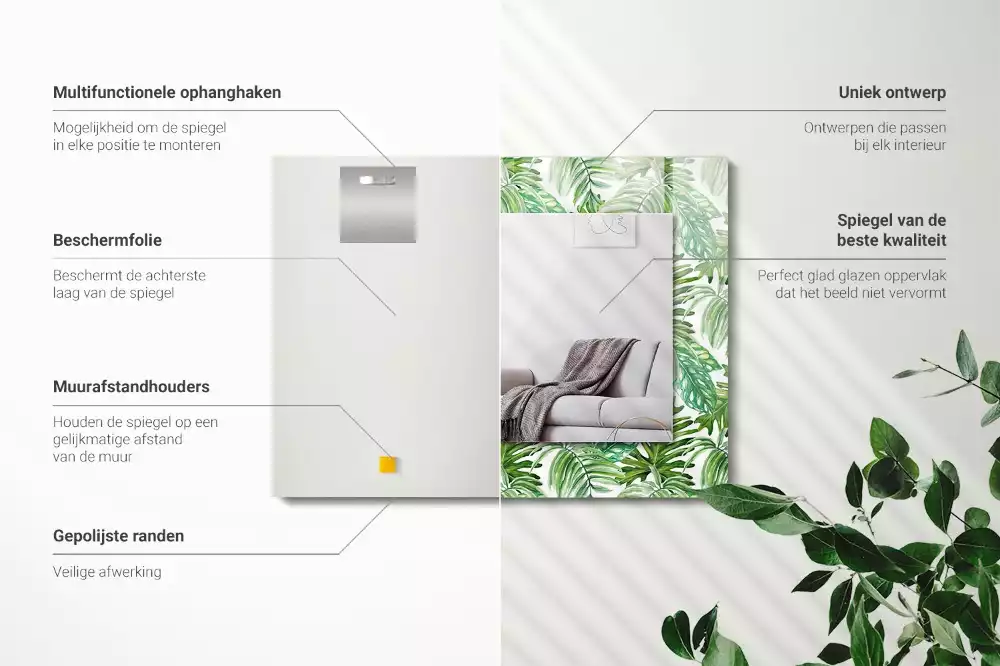 Négyszögletes dísztükör Zöld trópusi levelek