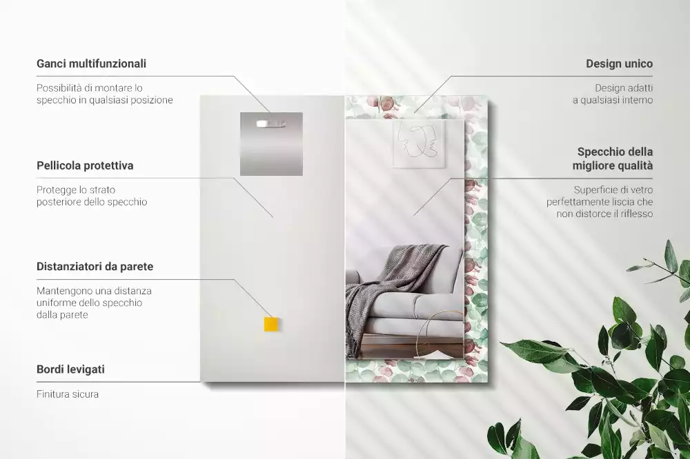 Négyszögletes dísztükör Akvarell levelek