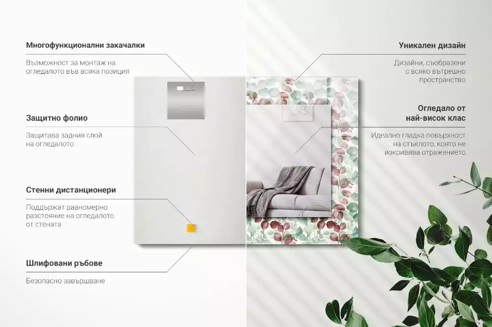 Négyszögletes dísztükör Akvarell levelek