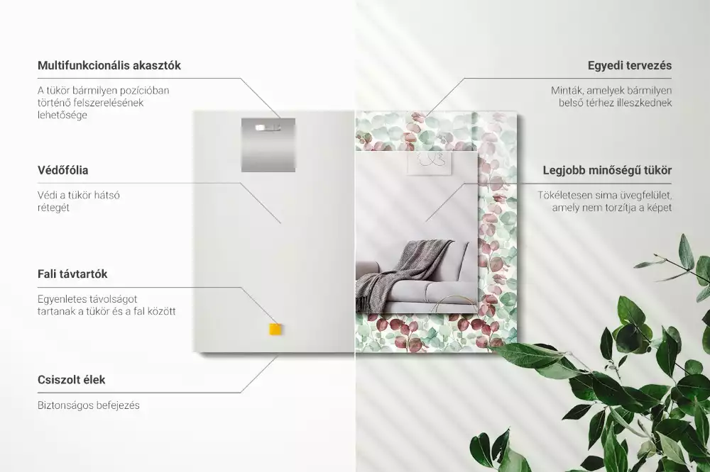 Négyszögletes dísztükör Akvarell levelek