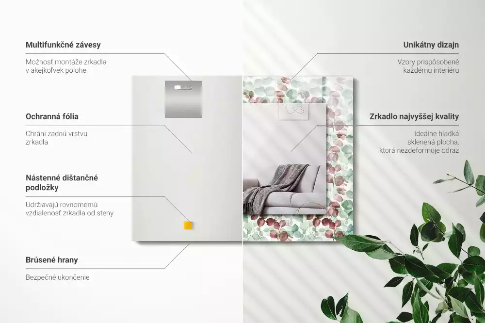 Négyszögletes dísztükör Akvarell levelek