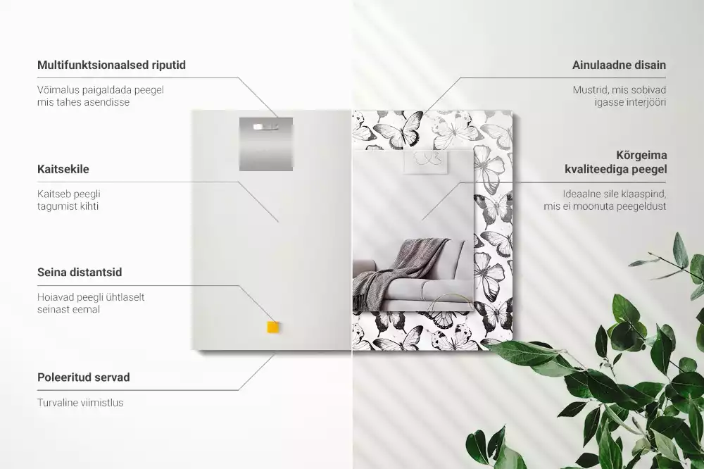 Négyszögletes dísztükör Fekete-fehér pillangók