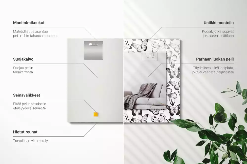 Négyszögletes dísztükör Fekete-fehér pillangók