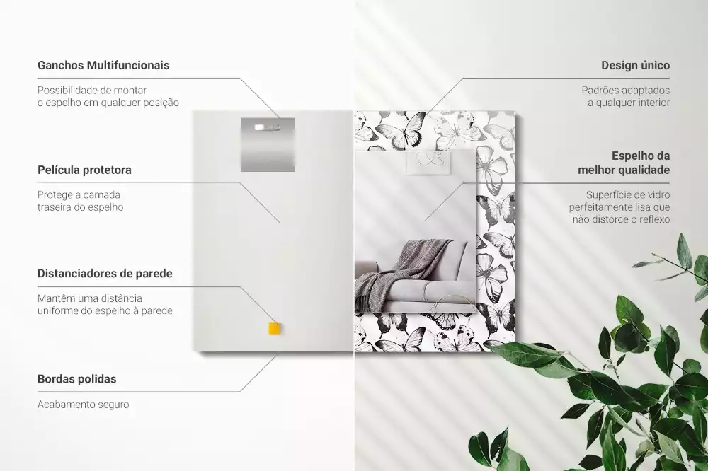 Négyszögletes dísztükör Fekete-fehér pillangók