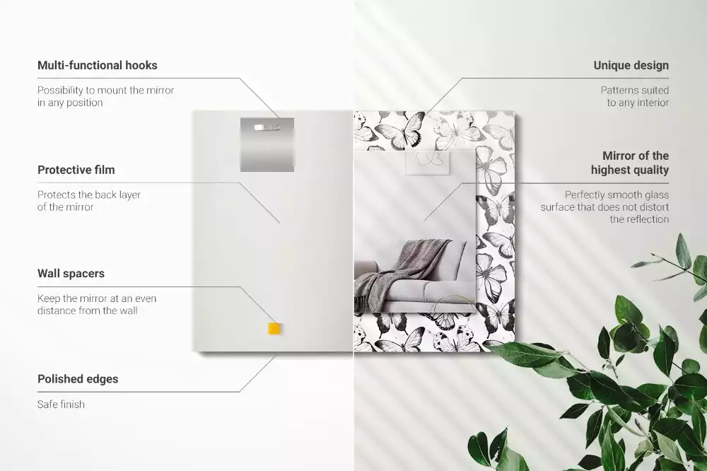 Négyszögletes dísztükör Fekete-fehér pillangók