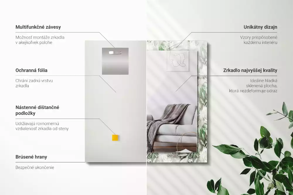 Négyszögletes dísztükör Zöld levelek minta