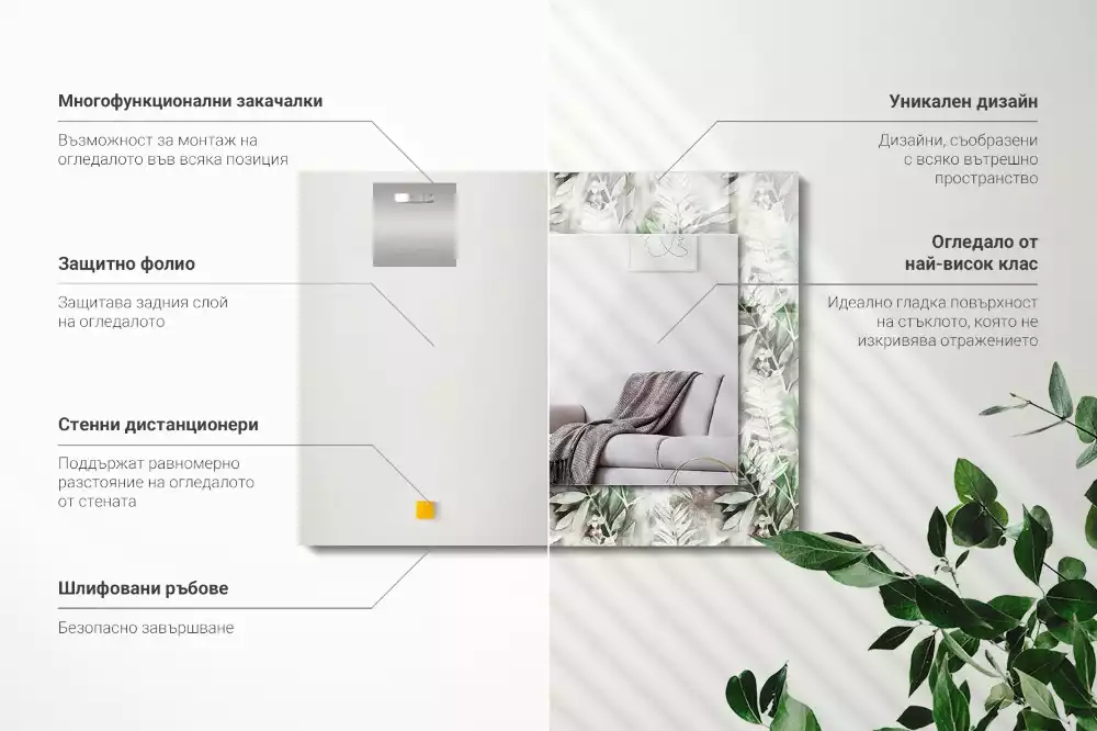 Négyszögletes dísztükör Zöld levelek minta