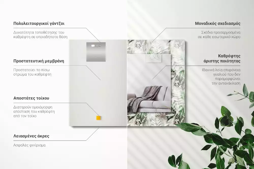 Négyszögletes dísztükör Zöld levelek minta