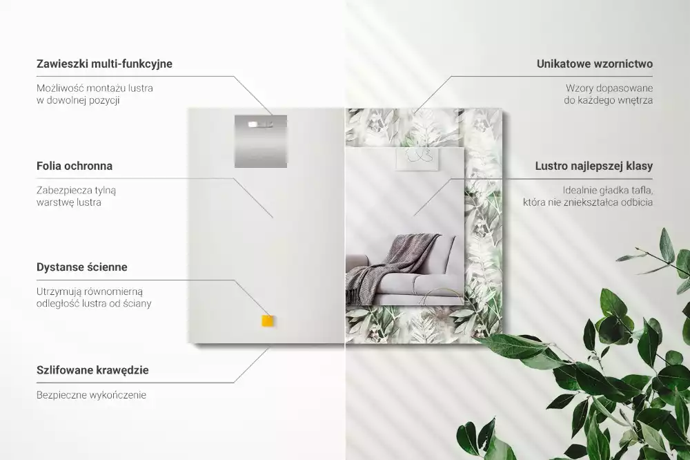 Négyszögletes dísztükör Zöld levelek minta