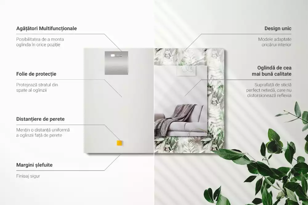 Négyszögletes dísztükör Zöld levelek minta