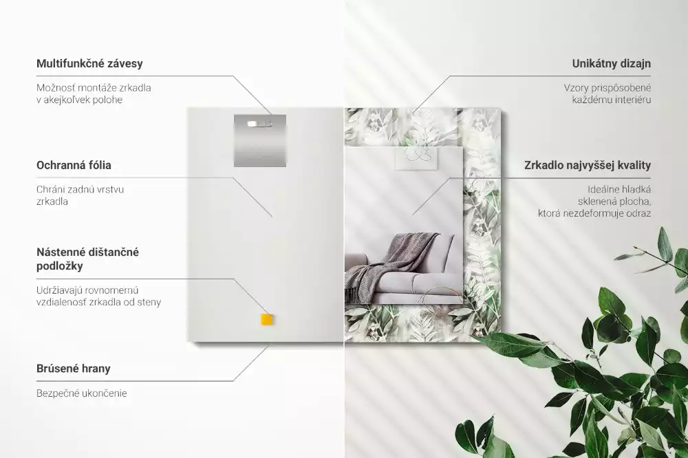 Négyszögletes dísztükör Zöld levelek minta