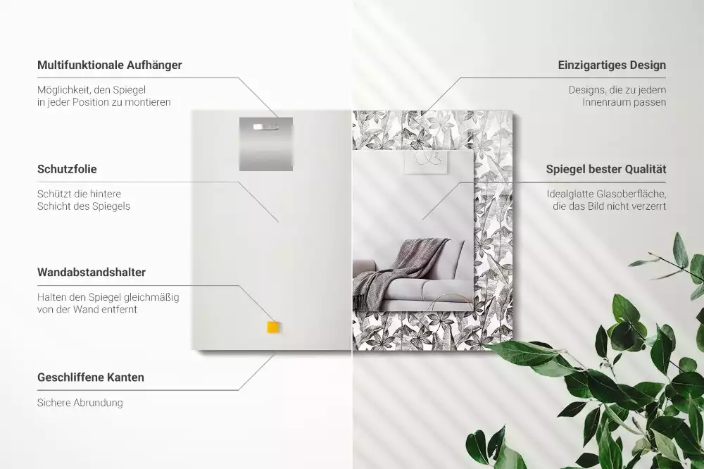 Négyszögletes dísztükör Levelek és virágok