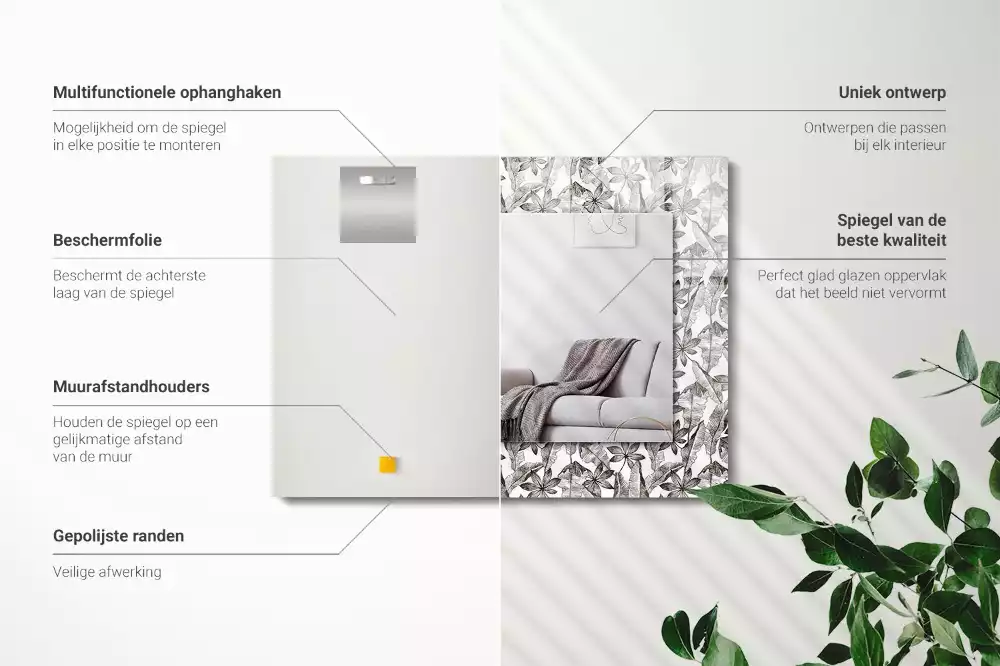 Négyszögletes dísztükör Levelek és virágok