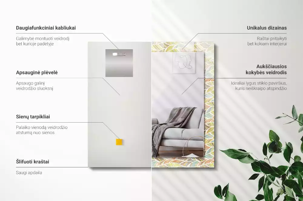 Négyszögletes dísztükör Színes hullámok a levelek