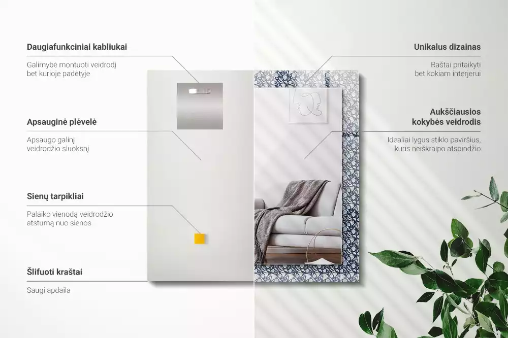 Négyszögletes dísztükör Kék virágmintás