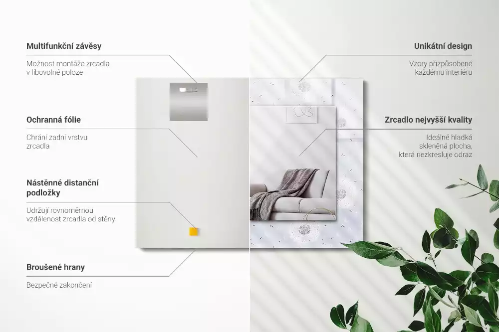 Négyszögletes dísztükör Pitypang virágok