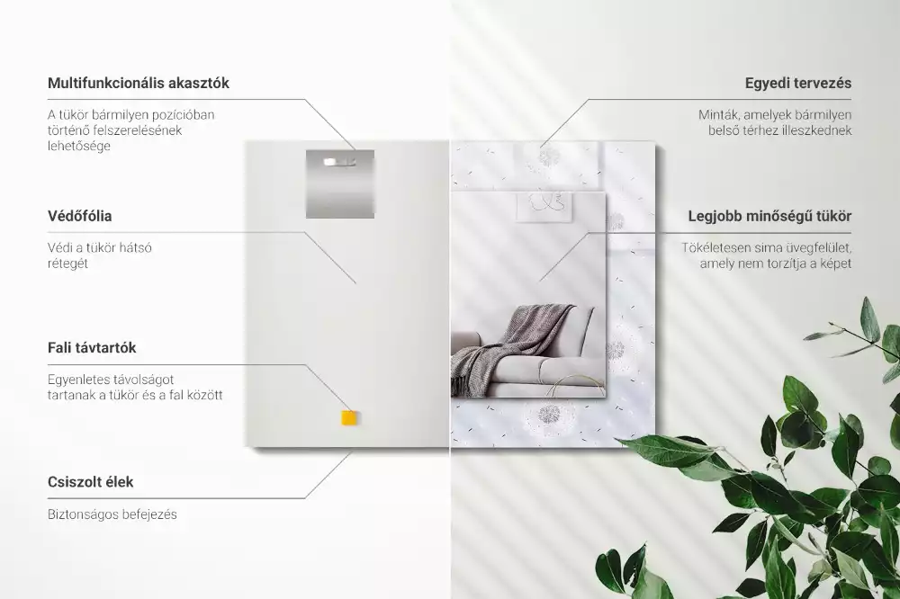 Négyszögletes dísztükör Pitypang virágok