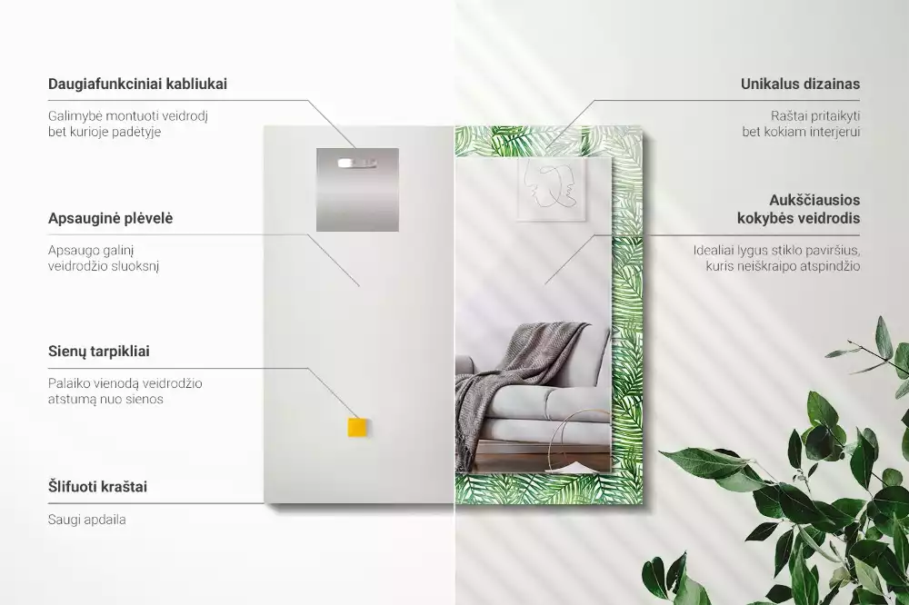 Négyszögletes dísztükör Zöld pálmalevél